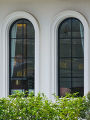 A pair of arched windows reflect the surroundings with elegant symmetry, while the close-up texture of tree bark reveals the raw, organic patterns of nature.