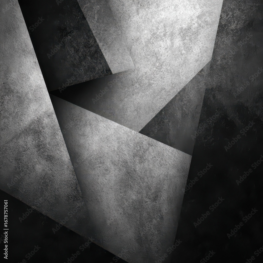 Poster a geometric abstract design featuring sharp angles and contrasting textures in shades of black and g