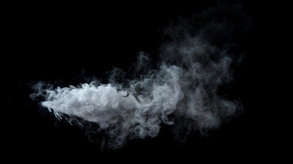 Long White Steam Jet gushes from one point with strong Pressure and turbulences like a Leak into a pipe on a Black Background