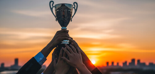 Business team hands holding trophy cup at sunset, corporate success and teamwork concept, people celebrating victory and achievement with golden award together