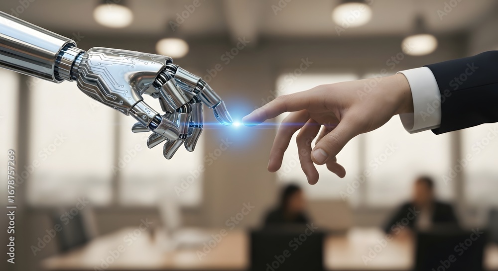 Poster human hand connecting with robotic hand representing artificial intelligence and future technology i