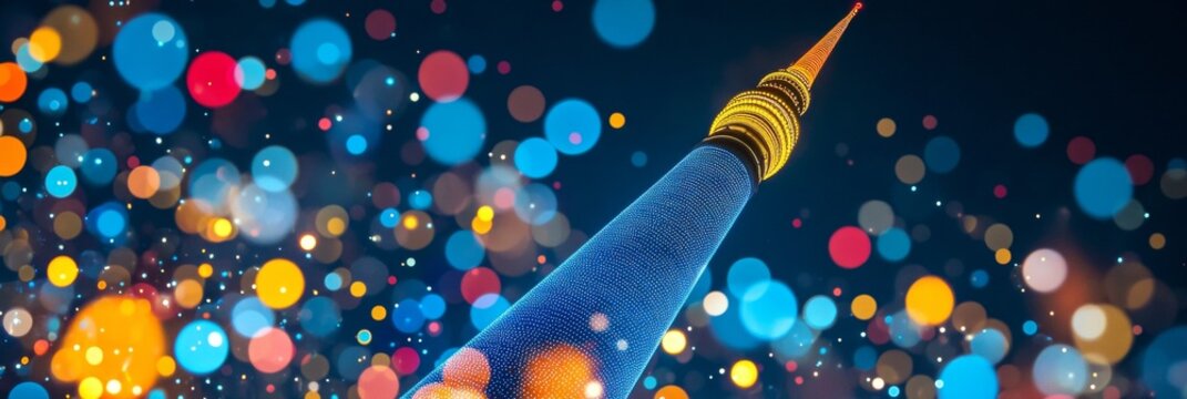 Futuristic Blue Monument in Digital North Korea, Abstract Object with Vibrant Dots and Design.