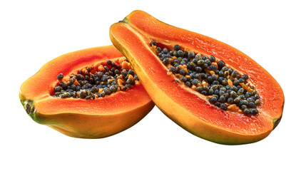 Vibrant halved papaya bursting with juicy flesh and dark seeds, perfect for health and tropical themes  isolated on white background