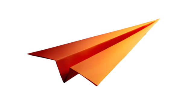 Dynamic orange paper airplane soars forward, symbolizing innovation and ambition in a clean, modern presentation  isolated on white background