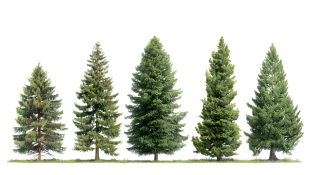 Row of lush green pine trees in varying sizes, perfect for nature scenes and forest designs  isolated on white background