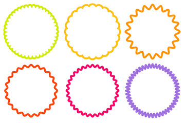 Vector image of geometric shapes with wavy edges in a zigzag shape with jagged edges. Set of stickers in the form of an oval and a circle, rectangle, square. Abstract elements for your design, frames,