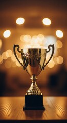 Golden trophy cup on wooden table with glowing bokeh lights in background symbol of victory award success achievement celebration
