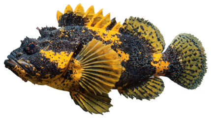 Stunning scorpionfish with vibrant yellow and black markings, detailed aquatic life study  isolated on white background