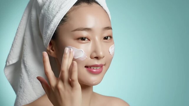 Radiant Young Woman Applying White Cream on Her Face with Head Wrapped in White Towel Against an Aqua Background Demonstrating Beauty Routine Perfect for Skincare Ads and Self-Care Moments