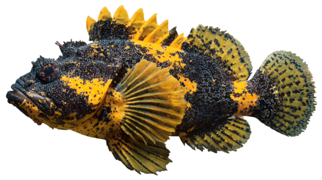 Stunning scorpionfish with vibrant yellow and black markings, detailed aquatic life study  isolated on white background