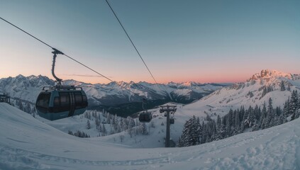Panoramic view of a snow-covered mountain landscape during sunrise, with ski gondolas in the foreground and a soft pastel sky above