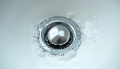 Close-up top view of a ceramic washbasin drain with water droplets and light foam, focus on chrome shine. Suitable for hygiene, cleaning, plumbing and sanitation themes