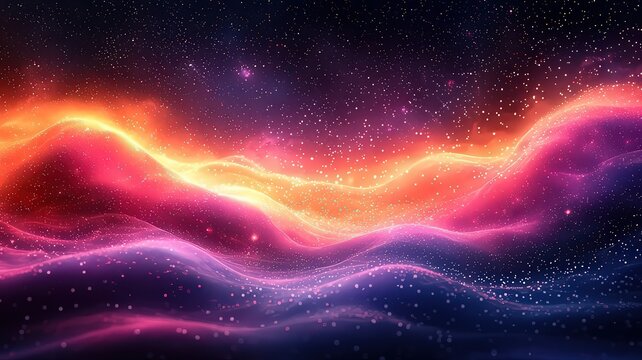 Vibrant cosmic waves of pik and orange hues, shimmerng with stardust, creatinga mesmerizing celestial ladscape for imaginative desgns.