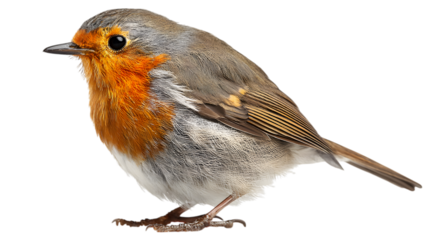 Vibrant European Robin bird perched, showcasing detailed feathers and striking orange breast, perfect for nature projects isolated on white background