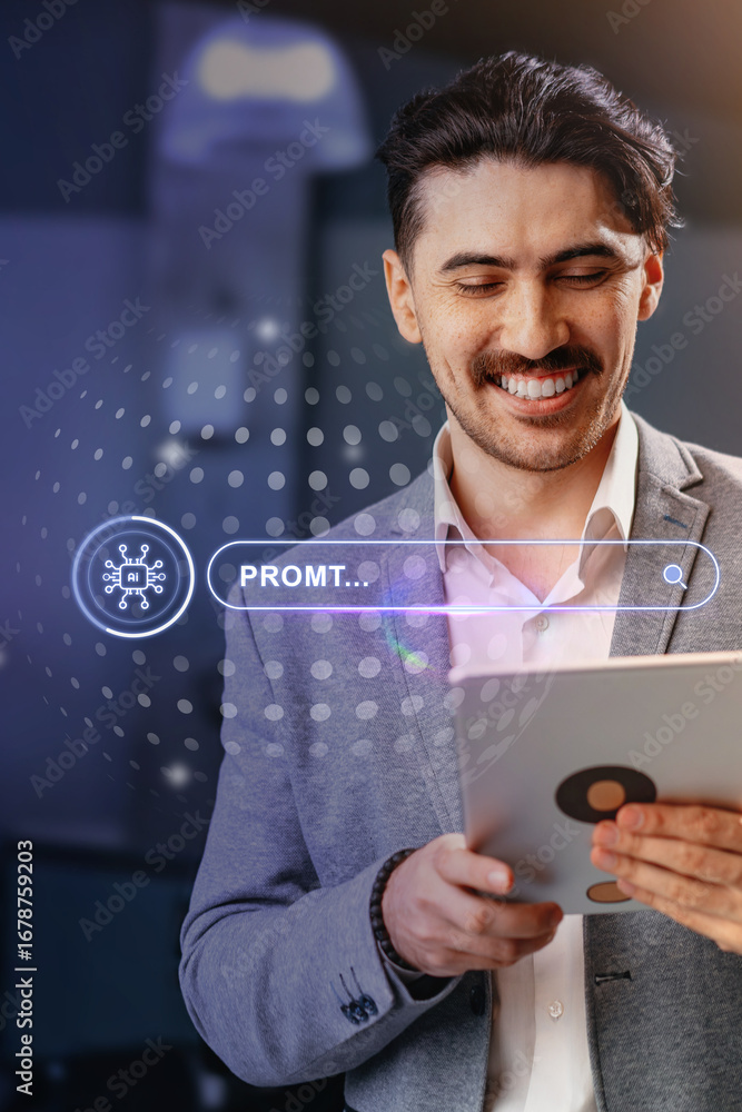 Aufkleber man in suit smiling while using tablet in a modern office environment during daytime as he searches 