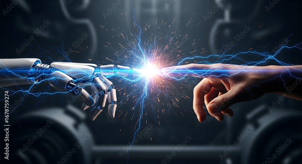 Poster human and robot hands connect with electric spark, symbolizing advanced technology and artificial in