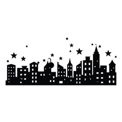 Fototapeta premium Whimsical cityscape silhouette with stars and a cat