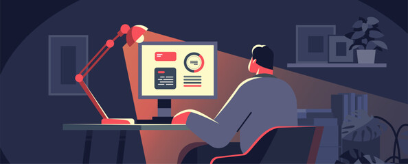 Businessman working late night office computer desk lamp documents modern workspace dark background bookshelves plant flat design