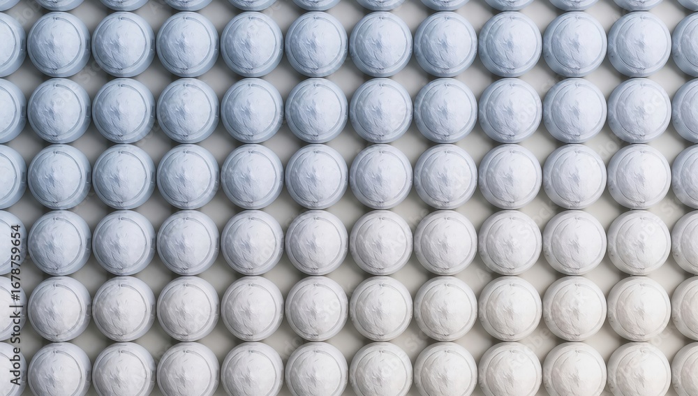 Poster Textured arrangement of spherical objects in shades of white to light blue, creating a visually striking pattern