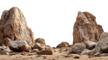 Majestic desert rock formations under a vast sky, showcasing rugged, natural beauty and geological wonder isolated on white background