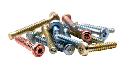 Discover a versatile collection of assorted screws, perfect for any construction or DIY project isolated on white background
