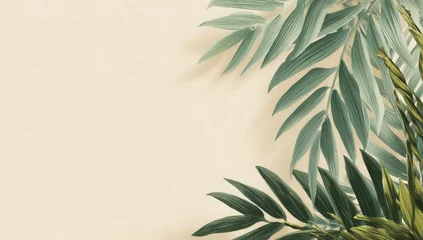 Fototapete Badezimmer Light beige background framed by lush green tropical leaves  © Fitri