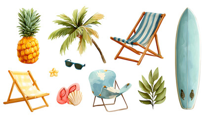 Escape to paradise with this vibrant collection of summer beach essentials including a surfboard and tropical fruit isolated on white background