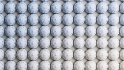 Textured arrangement of spherical objects in shades of white to light blue, creating a visually striking pattern