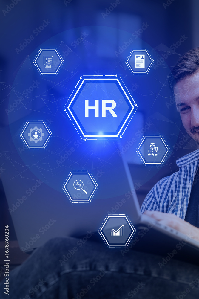 Poster man engaged in human resources activities with digital interface elements in a modern office setting