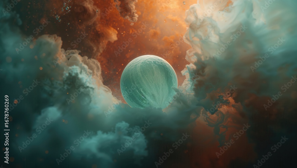 Poster abstract cosmic scene featuring a glowing sphere surrounded by colorful clouds in space