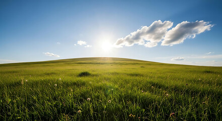 A sunny day over a green field with a single cloud in the blue sky above the grassy hill ai generated