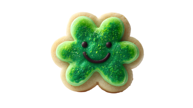 Adorable clover cookie with happy face and sparkling green icing perfect for St. Patrick's Day celebrations isolated on white background
