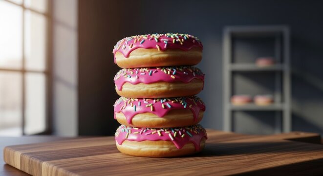 Stacked donuts with pink frosting and sprinkles on wood block, blurred bg