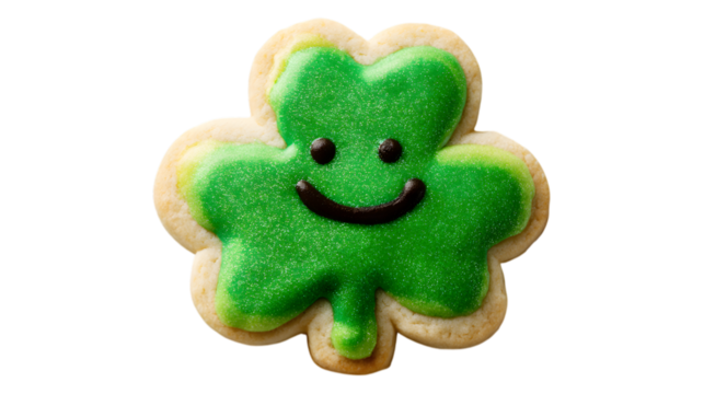 Delightful St. Patrick's Day shamrock cookie with a cheerful smiling face brings festive luck and joy isolated on white background