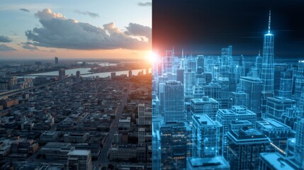 Futuristic smart city transforming into digital hologram at sunset