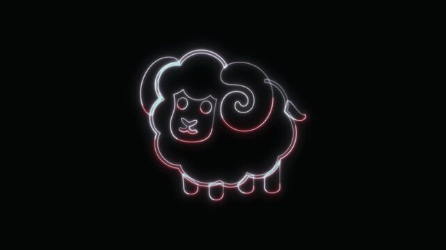  Ram Animal Icon Neon Seamless Loop 4K with Black Background Animated Promotional Typography for Video Editing