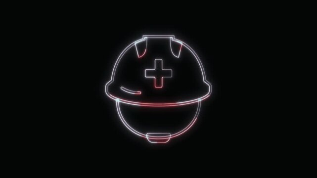  Rescue Worker Helmet Icon Neon Seamless Loop 4K with Black Background Animated Promotional Typography for Video Editing