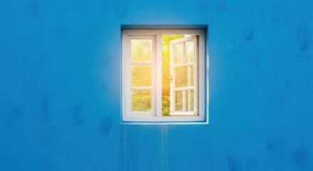 Sunlit Window on Azure Wall: A Portal to Serenity and Natural Light
