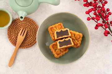 Delicious Cantonese moon cake for Mid-Autumn Festival food mooncake with bean paste.