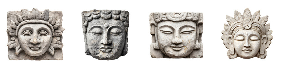 Obraz premium Stone Buddha Faces: Ancient Carved Sculptures Isolated on White Background