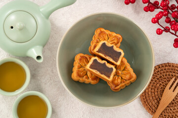 Delicious Cantonese moon cake for Mid-Autumn Festival food mooncake with bean paste.