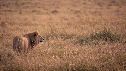 Fototapeta premium A solitary lion standing majestically in tall grass under a warm sunset in a serene savannah landscape