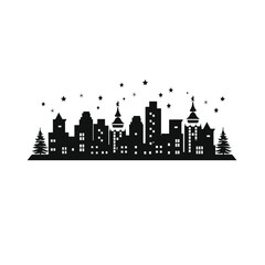 Festive city skyline silhouette with snowflakes and trees