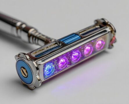 Chrome-plated, intricate device; glowing lights