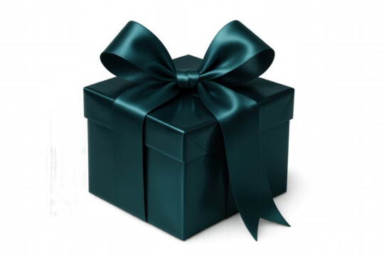 Gift box wrapped in glossy green paper, silk ribbon bow adorning pristine packaging, centered on clear backdrop