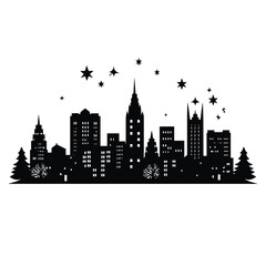 Fototapeta premium Black silhouette of a festive city skyline with stars and trees