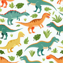 Dinosaur seamless pattern. Hand-drawn vector dinosaurs with background view. 