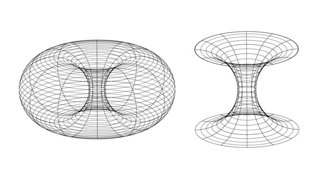 Set of two abstract tunnels. 3D wireframe vector wormhole or vortex. Grid vector illustration.