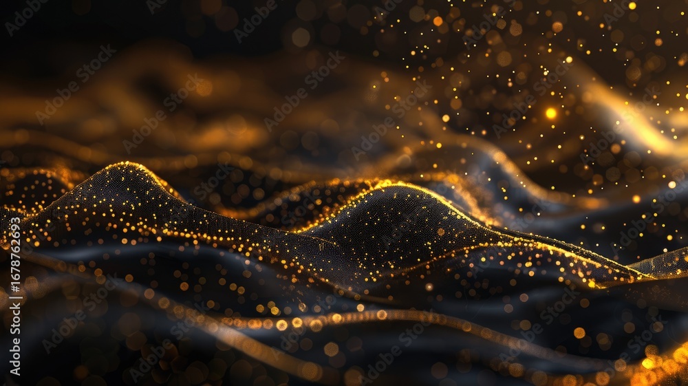 Poster elegant picture of gold light sparkling particles scattered across a deep black background, create a