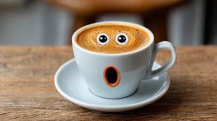 Obraz premium Coffee cup with surprised expression featuring googly eyes, placed on a wooden table, showcasing a playful and whimsical approach to beverage presentation, ideal for creative and fun designs